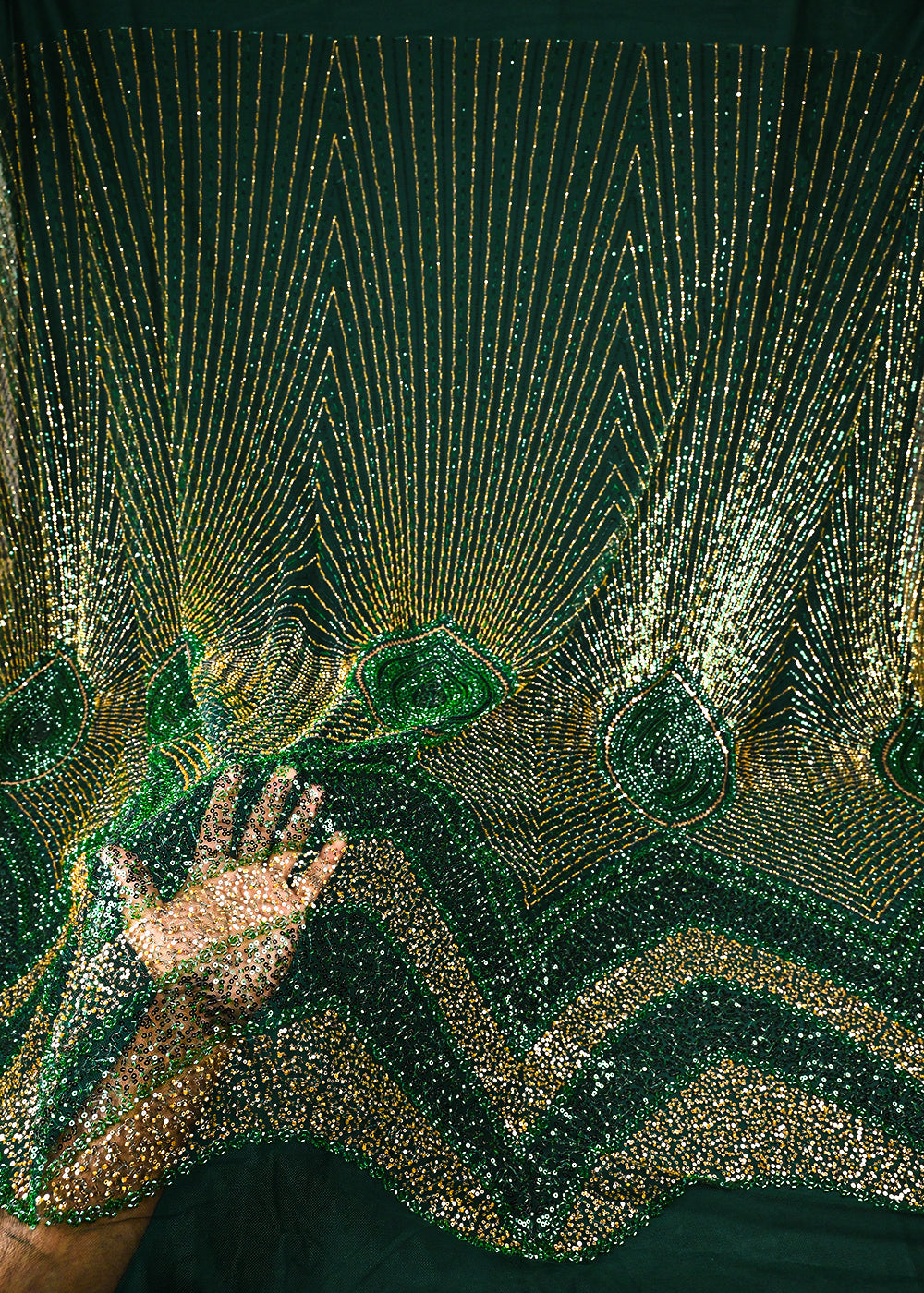Bottle Green Imported Net Fabric With All Over Sequins And Katdana Work With Border 25609