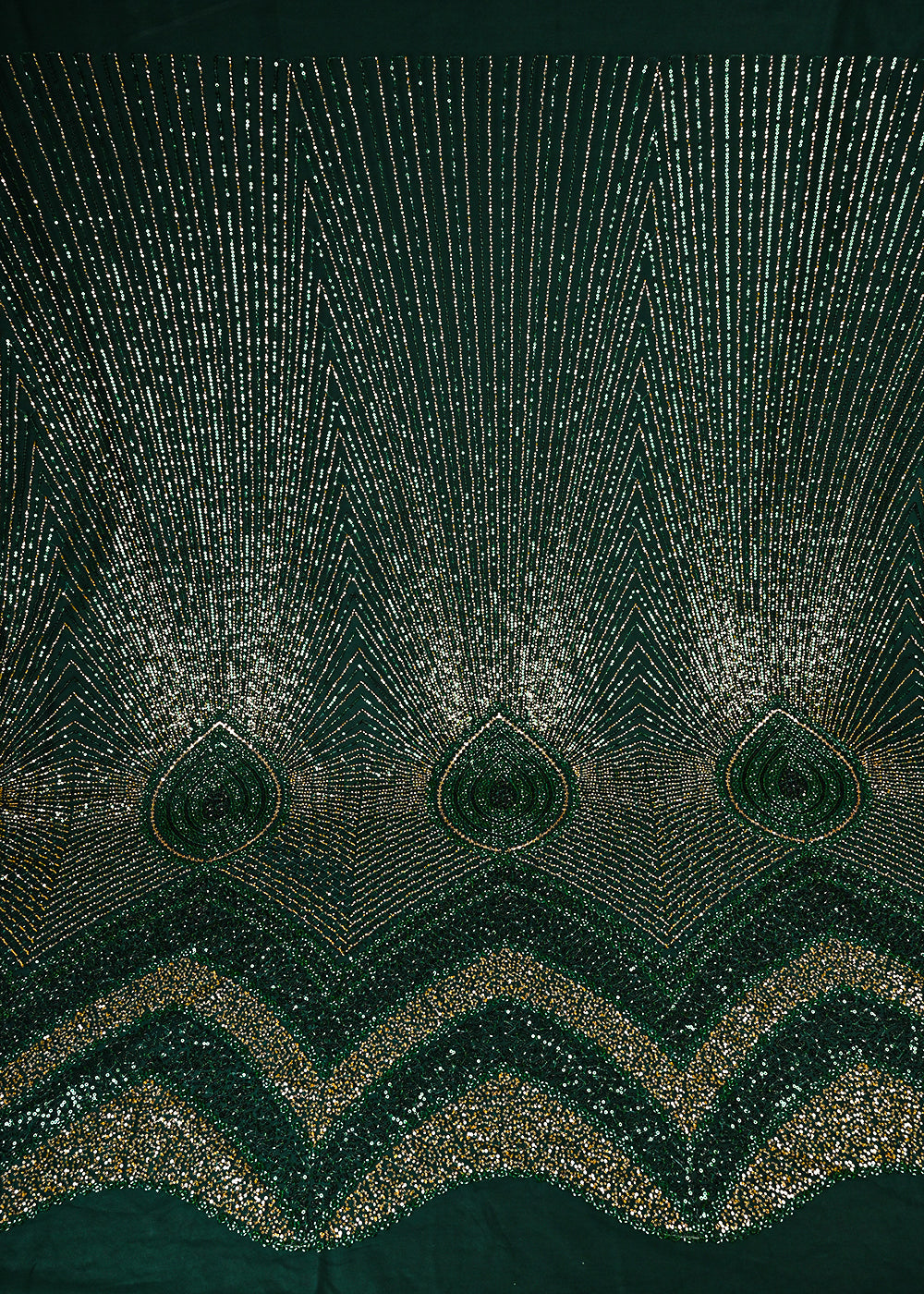 Bottle Green Imported Net Fabric With All Over Sequins And Katdana Work With Border 25609