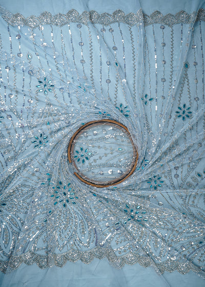 Sky Blue Imported Net Fabric With All Over Sequins, Katdana And Stone Work 25613