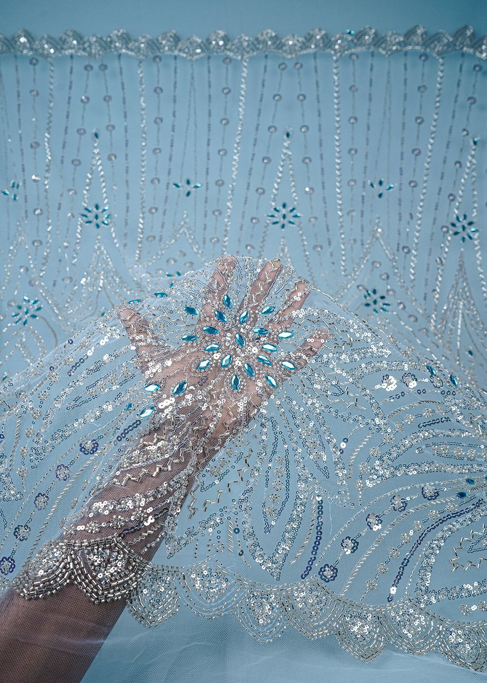 Sky Blue Imported Net Fabric With All Over Sequins, Katdana And Stone Work 25613
