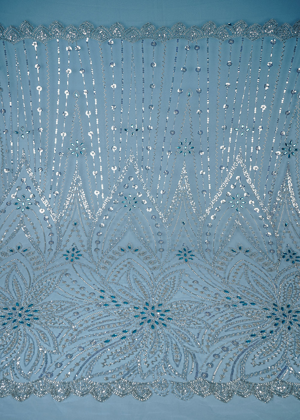 Sky Blue Imported Net Fabric With All Over Sequins, Katdana And Stone Work 25613