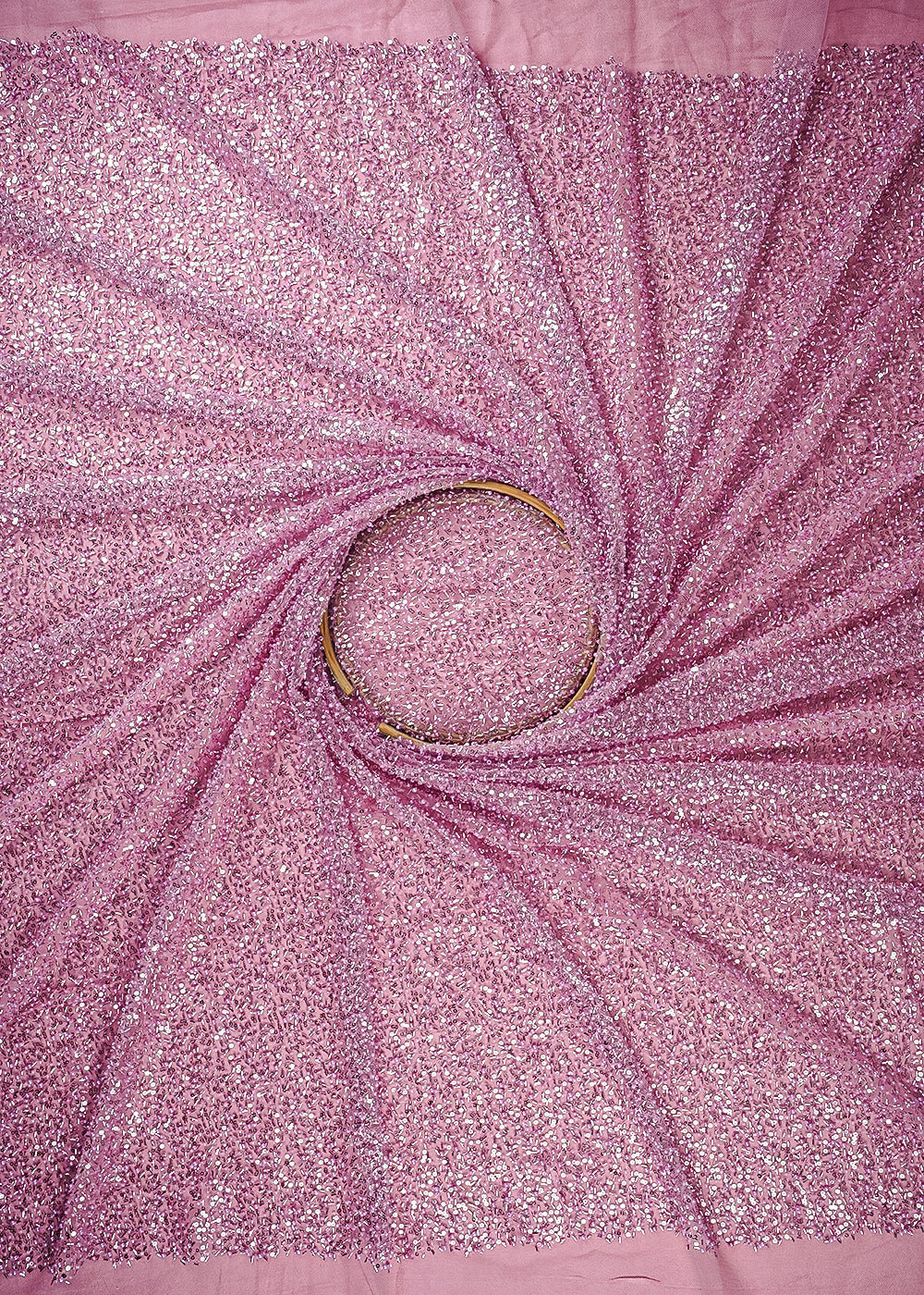 Pink Imported Net Fabric With All Over Sequins, Katdana And Bead Work With One Side Border 25620