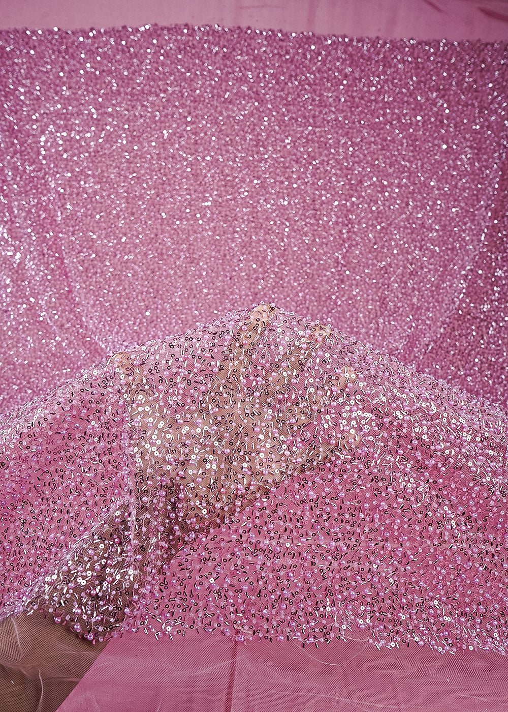 Pink Imported Net Fabric With All Over Sequins, Katdana And Bead Work With One Side Border 25620