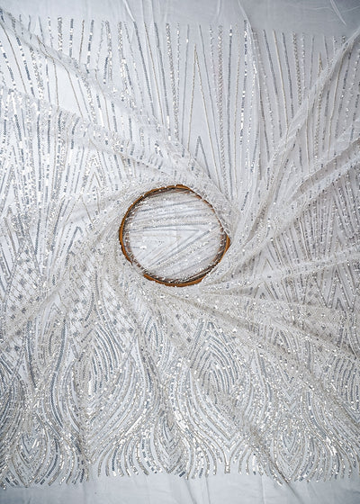 White Imported Net Fabric With All Over Sequins, Katdana And Bead Work With One Side Border 25622