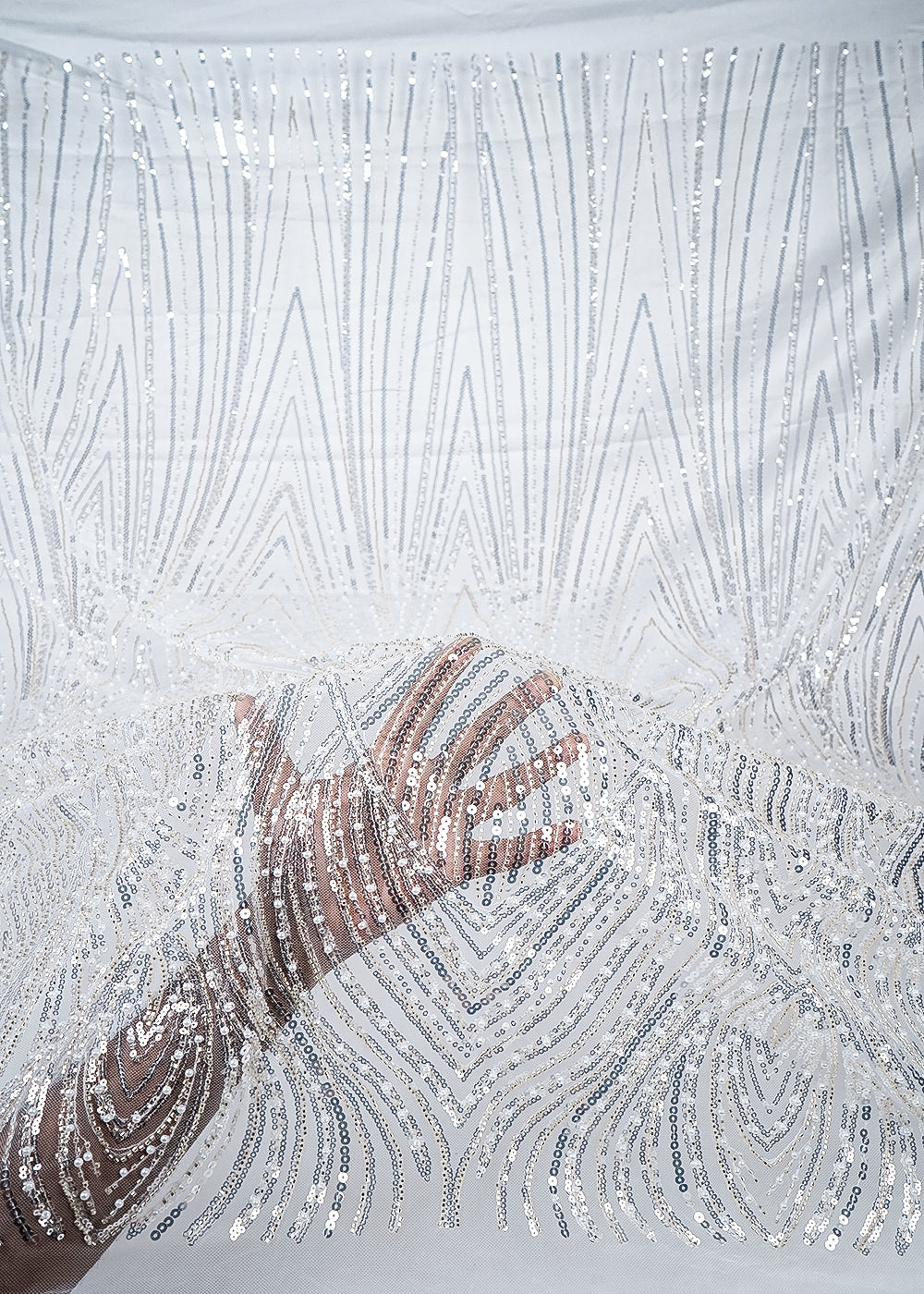 White Imported Net Fabric With All Over Sequins, Katdana And Bead Work With One Side Border 25622