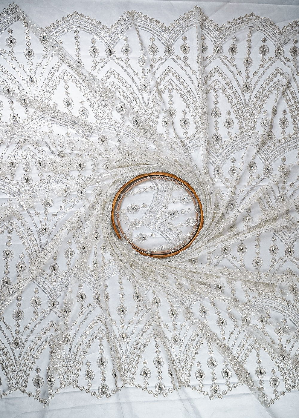 White Imported Net Fabric With All Over Sequins, Katdana And Stone Work With One Side Border 25623