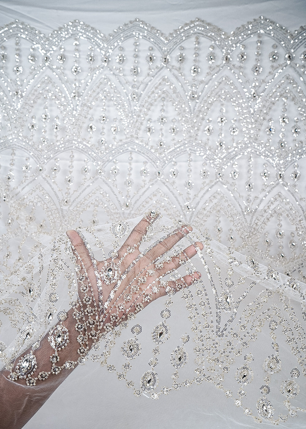 White Imported Net Fabric With All Over Sequins, Katdana And Stone Work With One Side Border 25623
