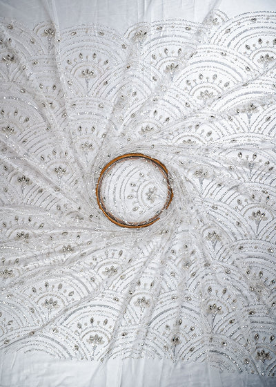 White Imported Net Fabric With All Over Sequins, Katdana And Stone Work 25625