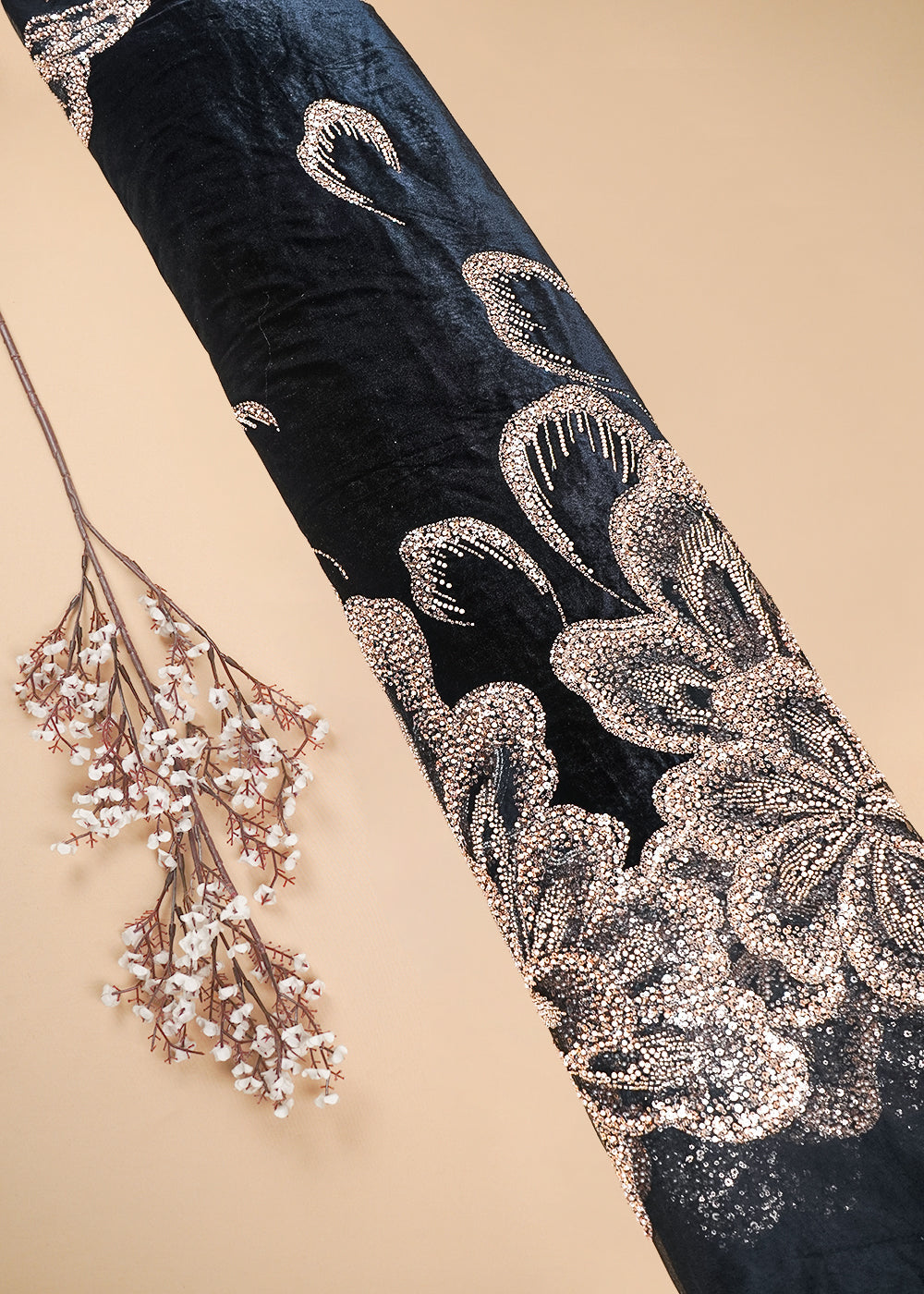 Black Velvet Fabric With All Over Sequins, Katdana, Bead And Net Patch Work With Border 25631