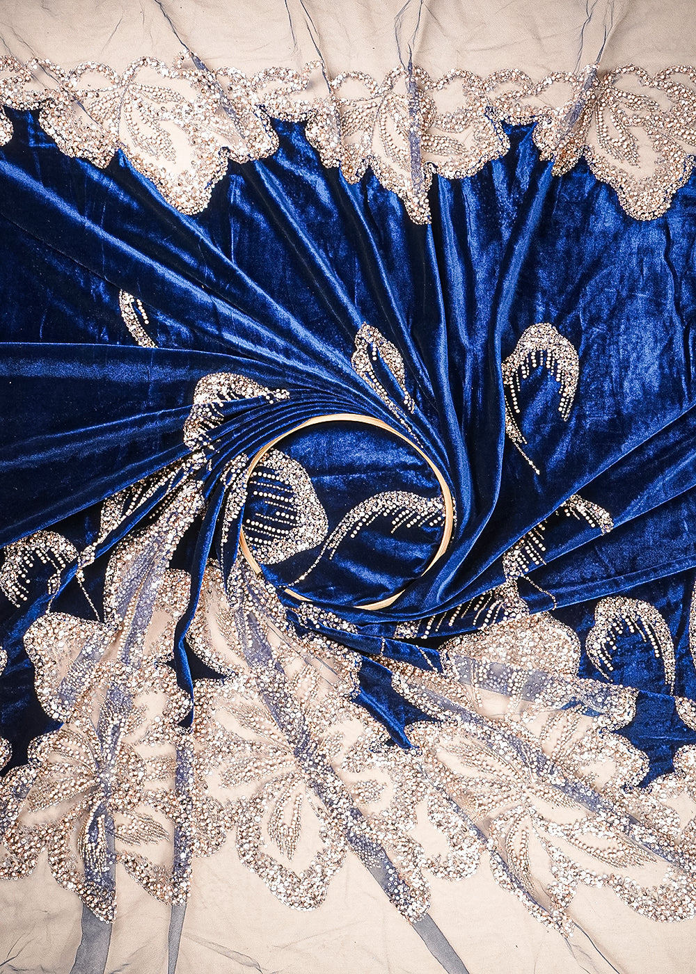 Navy Blue Velvet Fabric With All Over Sequins, Katdana, Bead And Net Patch Work With Border 25632