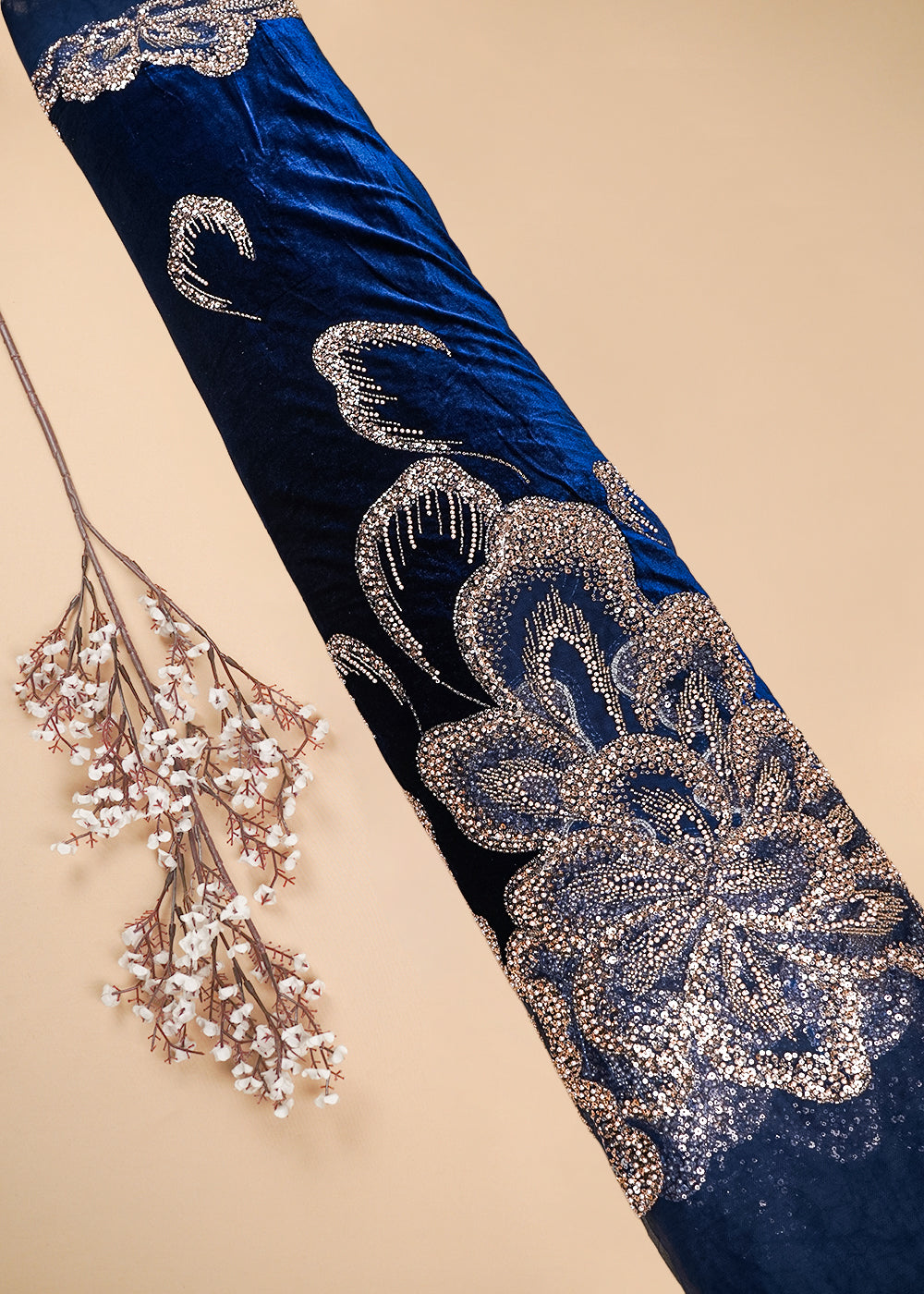 Navy Blue Velvet Fabric With All Over Sequins, Katdana, Bead And Net Patch Work With Border 25632