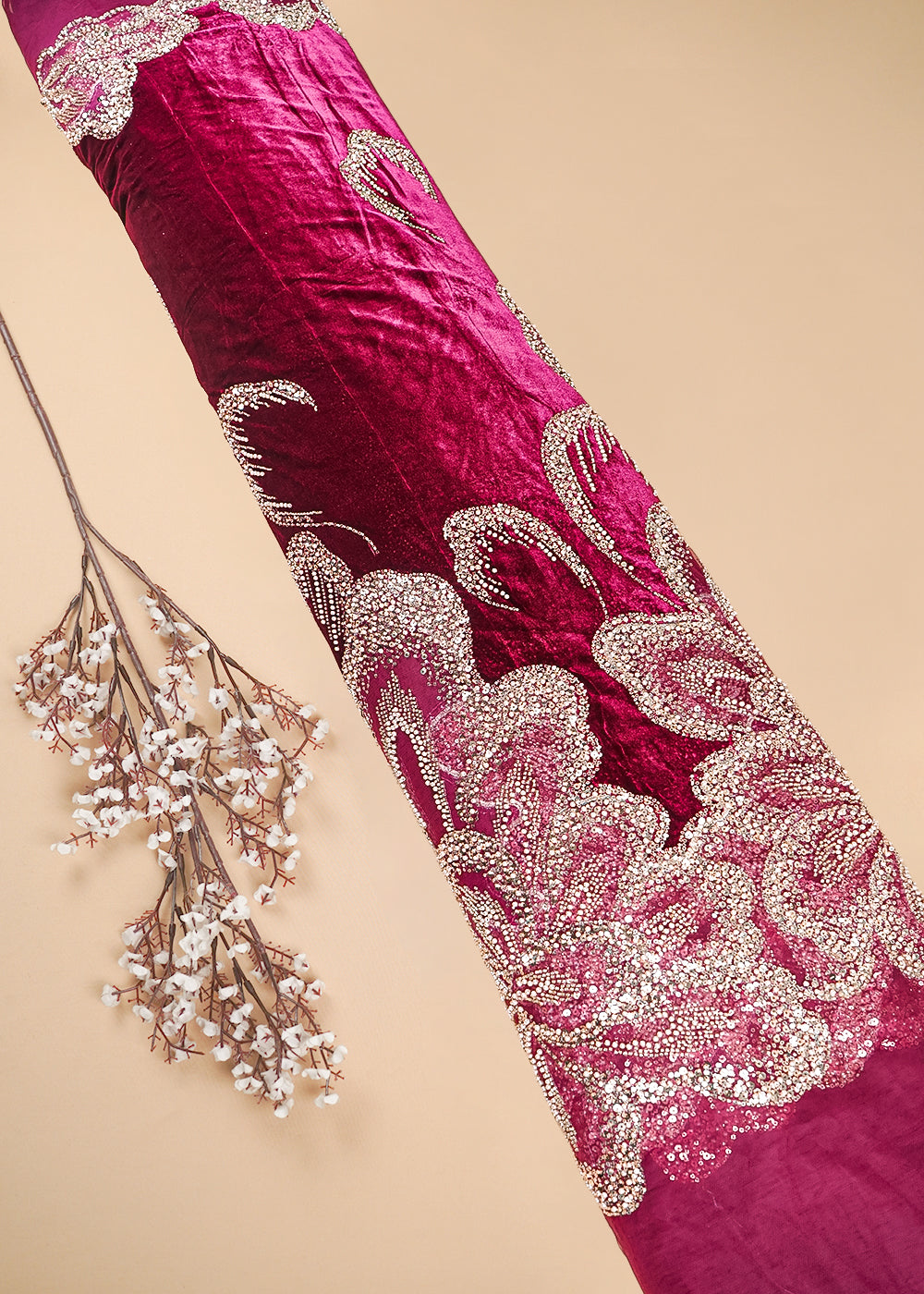 Wine Velvet Fabric With All Over Sequins, Katdana, Bead And Net Patch Work With Border 25633