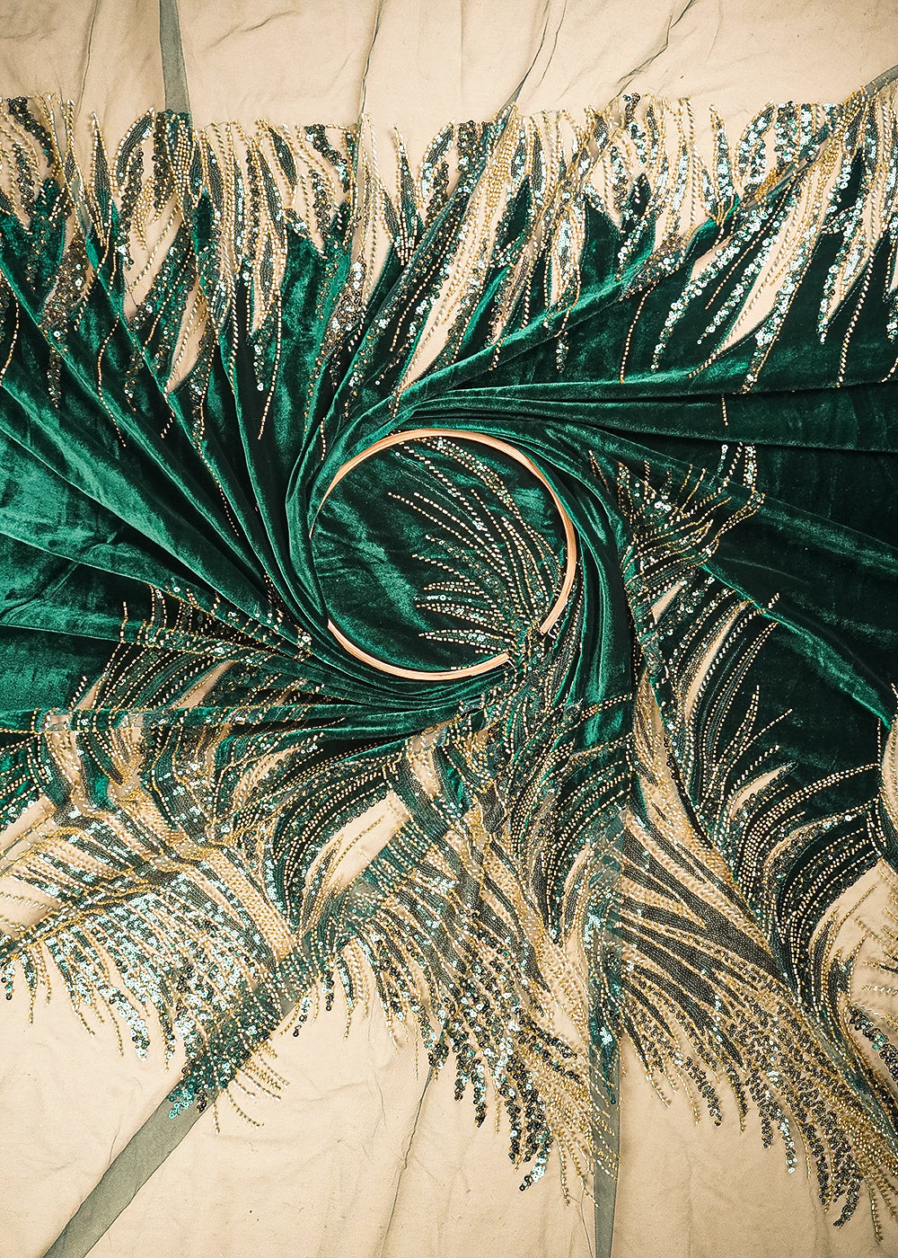 Bottle Green Velvet Fabric With All Over Sequins, Katdana And Net Patch Work With Border 25634