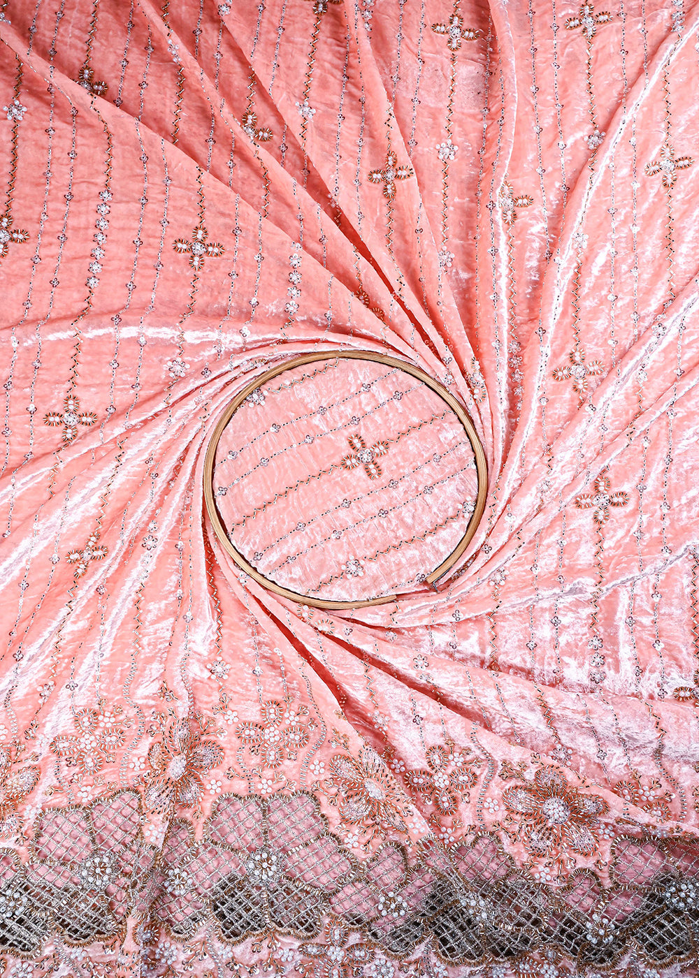 Peach Valvet Fabric With All Over Sequins, Katdana And Bead Work With One Side Cutwork Border 25637