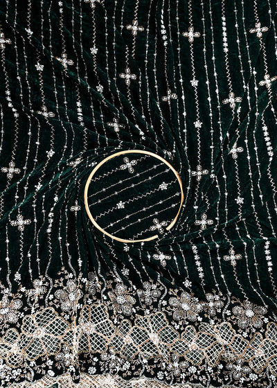 Bottle Green Valvet Fabric With All Over Sequins, Katdana And Bead Work With One Side Cutwork Border 25638
