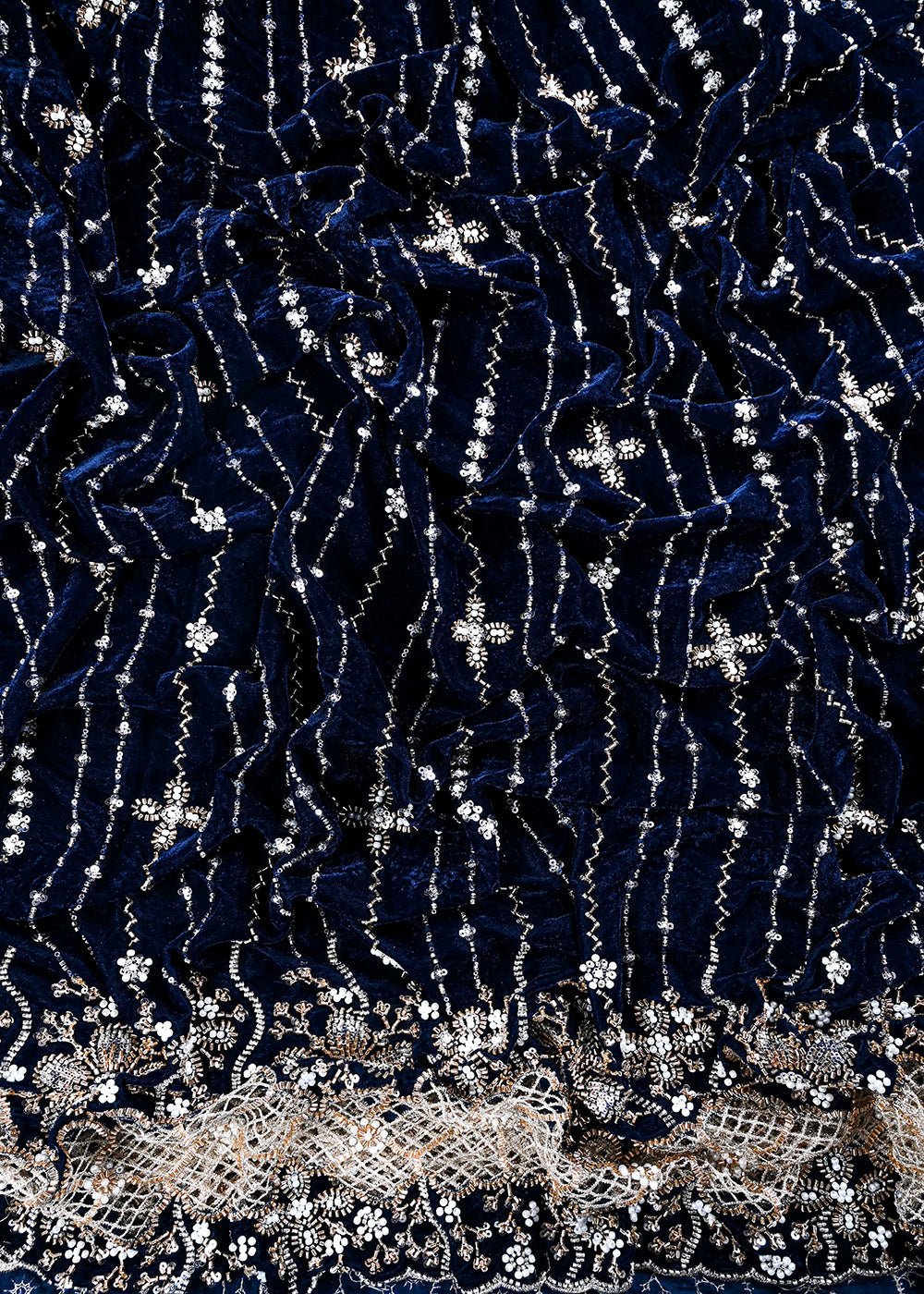 Navy Blue Valvet Fabric With All Over Sequins, Katdana And Bead Work With One Side Cutwork Border 25639