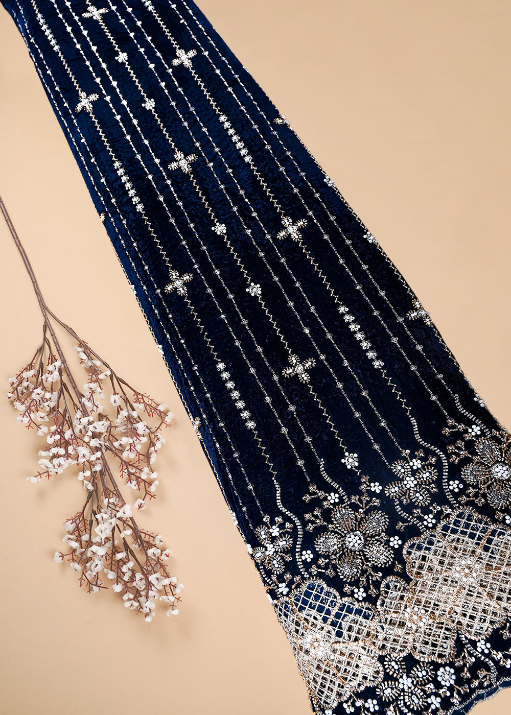Navy Blue Valvet Fabric With All Over Sequins, Katdana And Bead Work With One Side Cutwork Border 25639