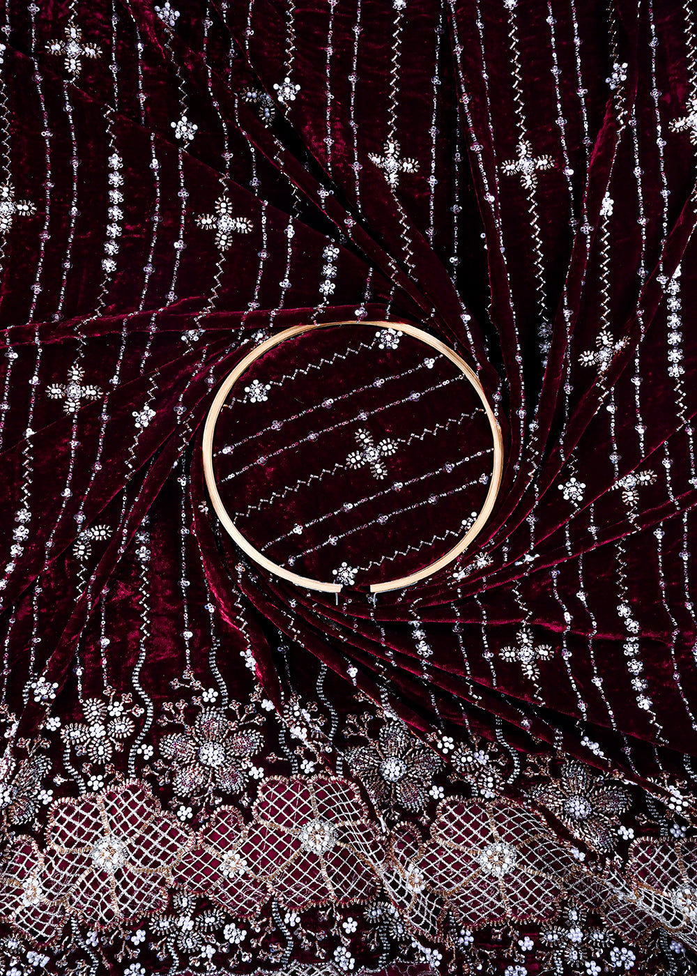 Wine Valvet Fabric With All Over Sequins, Katdana And Bead Work With One Side Cutwork Border 25640