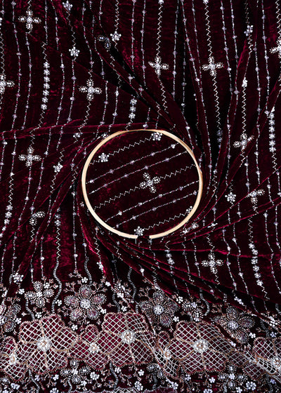 Wine Valvet Fabric With All Over Sequins, Katdana And Bead Work With One Side Cutwork Border 25640