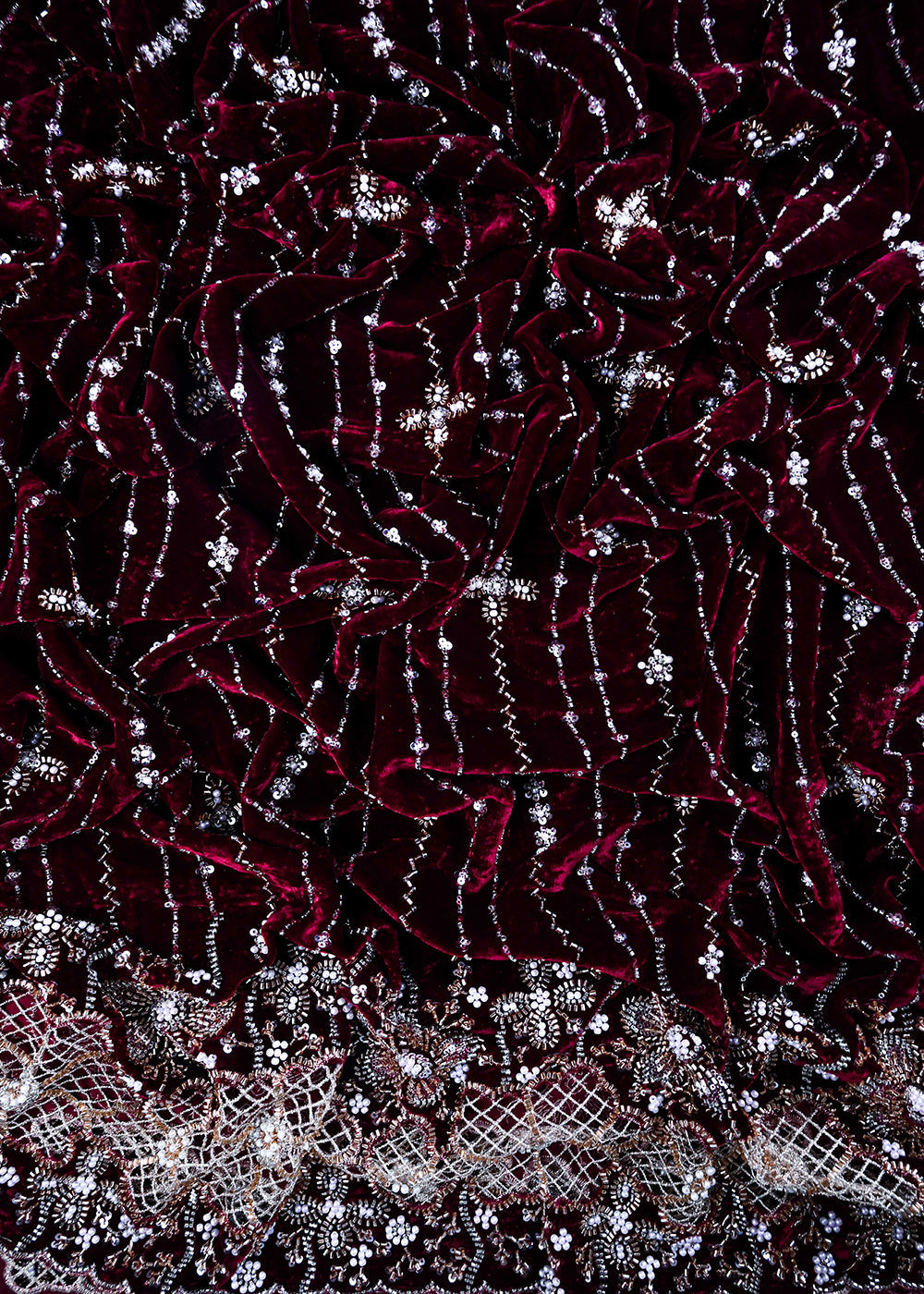 Wine Valvet Fabric With All Over Sequins, Katdana And Bead Work With One Side Cutwork Border 25640
