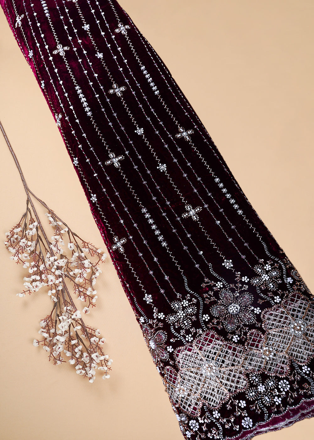 Wine Valvet Fabric With All Over Sequins, Katdana And Bead Work With One Side Cutwork Border 25640