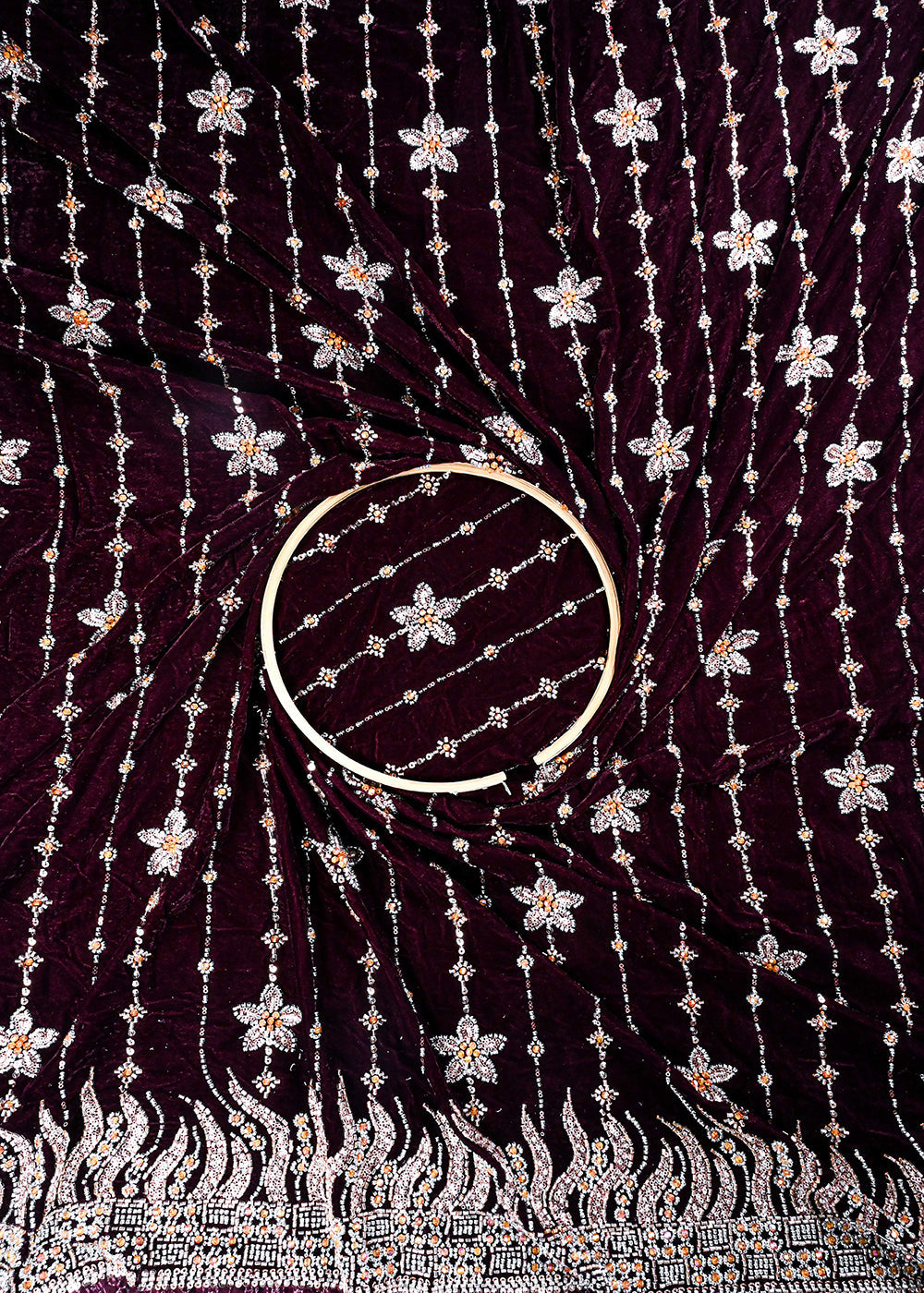 Wine Valvet Fabric With All Over Katdana And Bead Work With One Side Border 25641