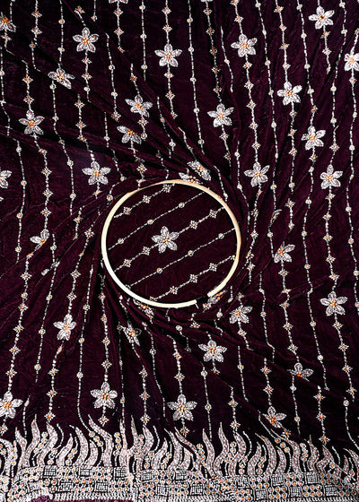 Wine Valvet Fabric With All Over Katdana And Bead Work With One Side Border 25641