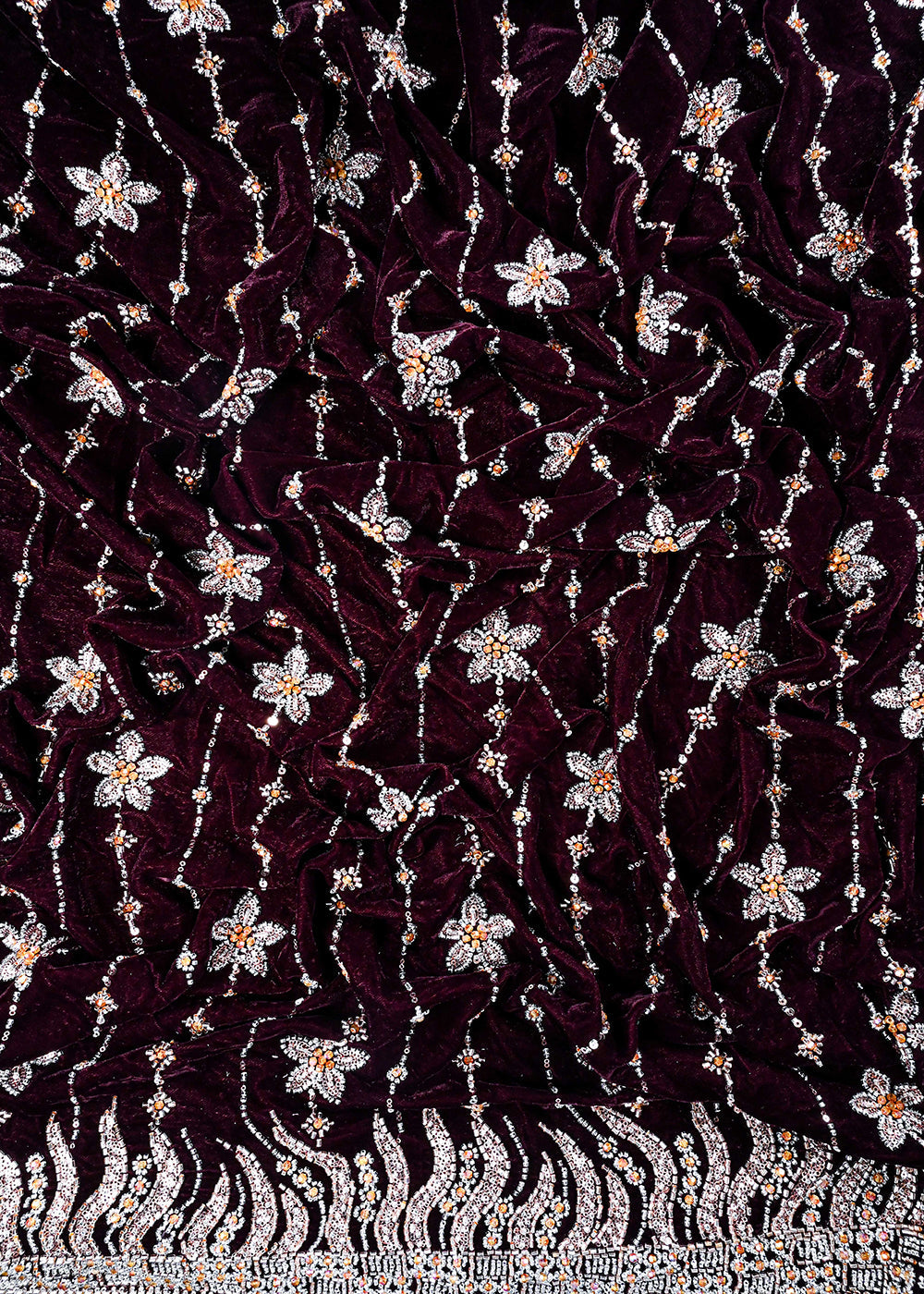 Wine Valvet Fabric With All Over Katdana And Bead Work With One Side Border 25641