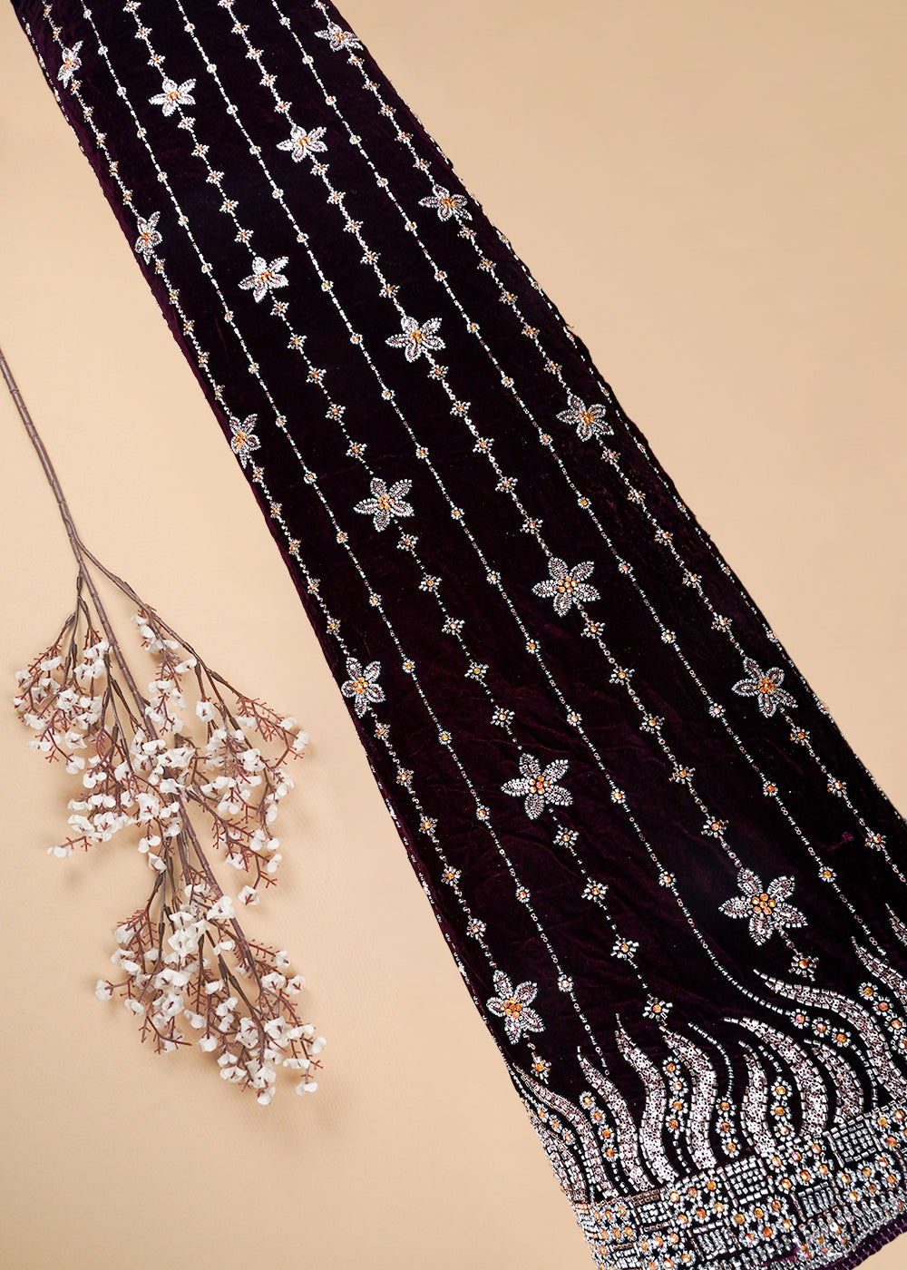 Wine Valvet Fabric With All Over Katdana And Bead Work With One Side Border 25641