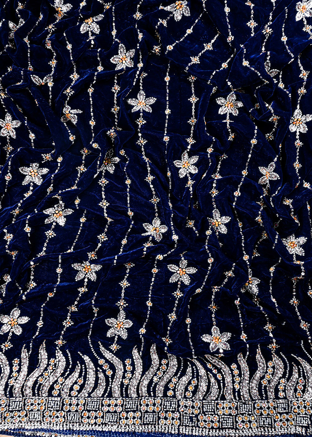 Navy Blue Valvet Fabric With All Over Katdana And Bead Work With One Side Border 25642