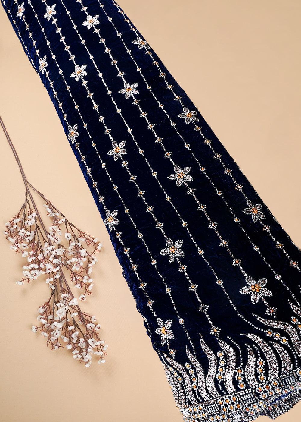 Navy Blue Valvet Fabric With All Over Katdana And Bead Work With One Side Border 25642