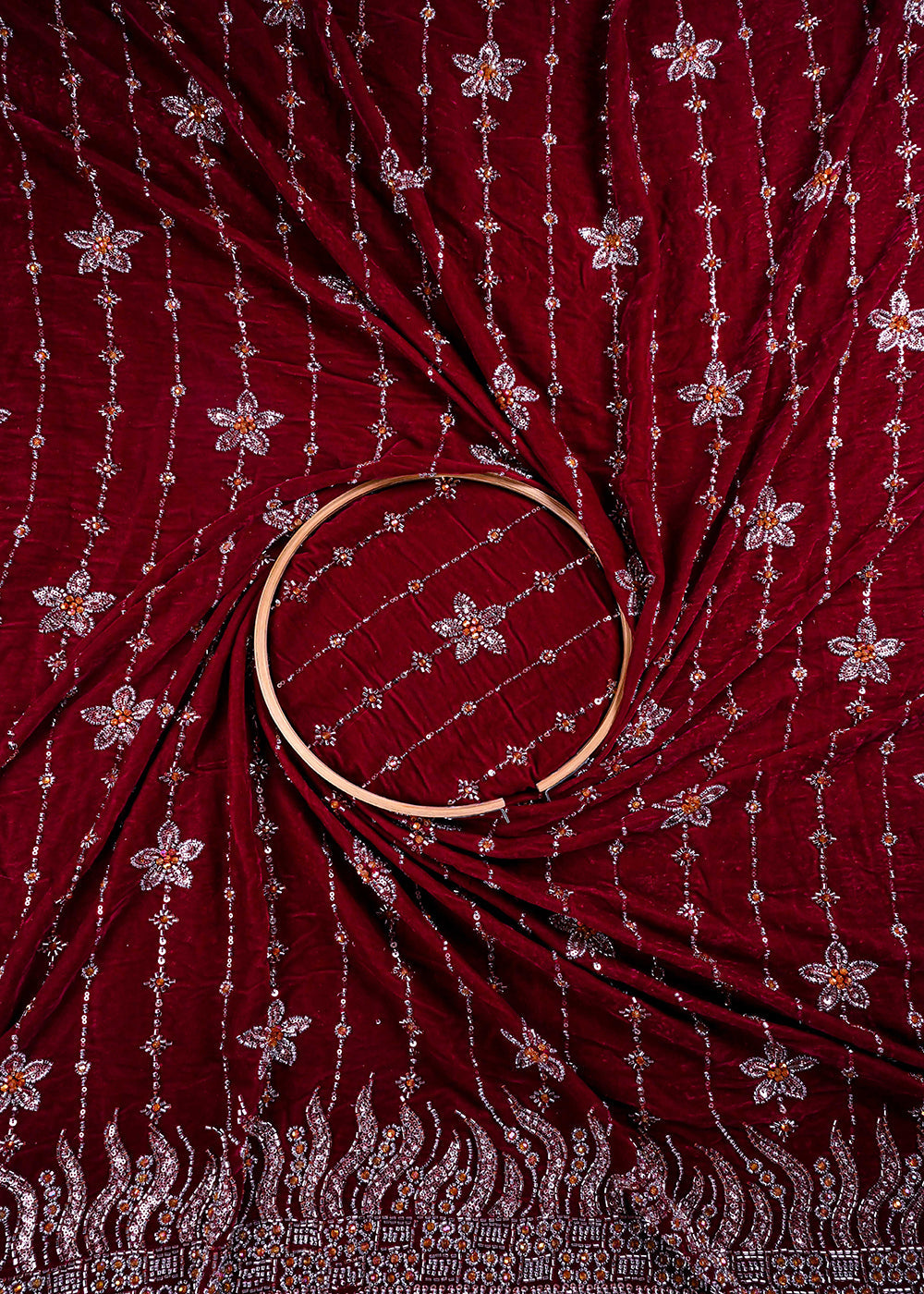 Magenta Valvet Fabric With All Over Katdana And Bead Work With One Side Border 25643