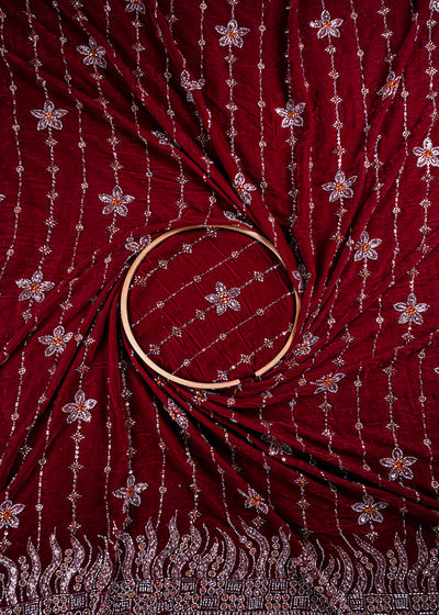 Magenta Valvet Fabric With All Over Katdana And Bead Work With One Side Border 25643