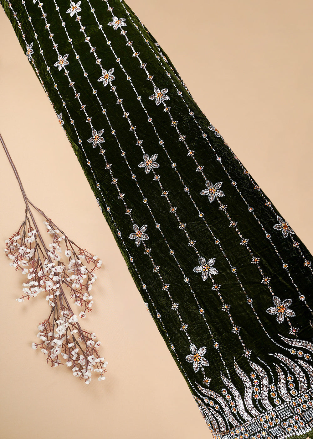 Mehendi Green Valvet Fabric With All Over Katdana And Bead Work With One Side Border 25644