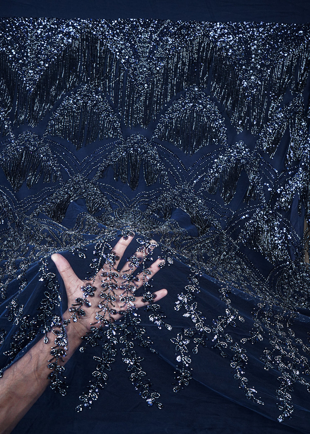 Navy Blue Imported Net Fabric With All Over Sequins And Katdana Work With One Side Heavy Border 25651
