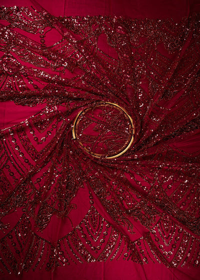 Maroon Imported Net Fabric With All Over Sequins, Katdana And Bead Work With One Side Heavy Border 25653