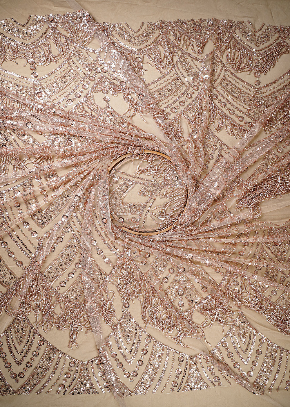 Rose Gold Imported Net Fabric With All Over Sequins, Katdana And Bead Work With One Side Heavy Border 25654