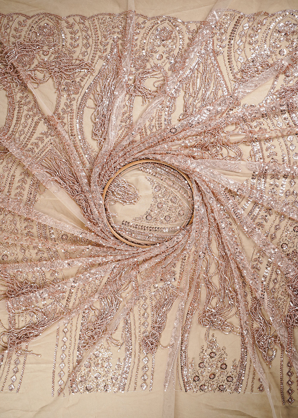 Rose Gold Imported Net Fabric With All Over Sequins, Katdana And Bead Work With One Side Heavy Border 25658