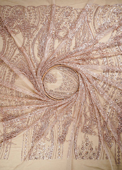 Rose Gold Imported Net Fabric With All Over Sequins, Katdana And Bead Work With One Side Heavy Border 25658
