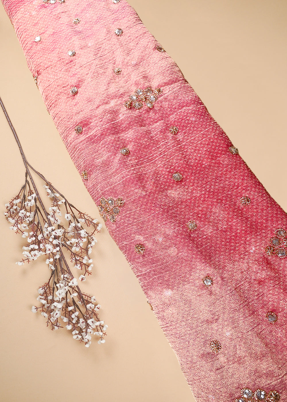 Pink Crushed Tissue Fabric With All Over Sequins And Katdana Work 25659