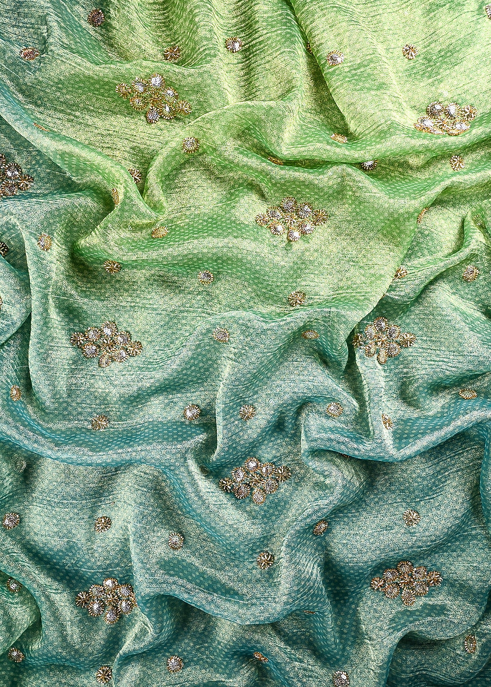 Blue Crushed Tissue Fabric With All Over Sequins And Katdana Work 25661