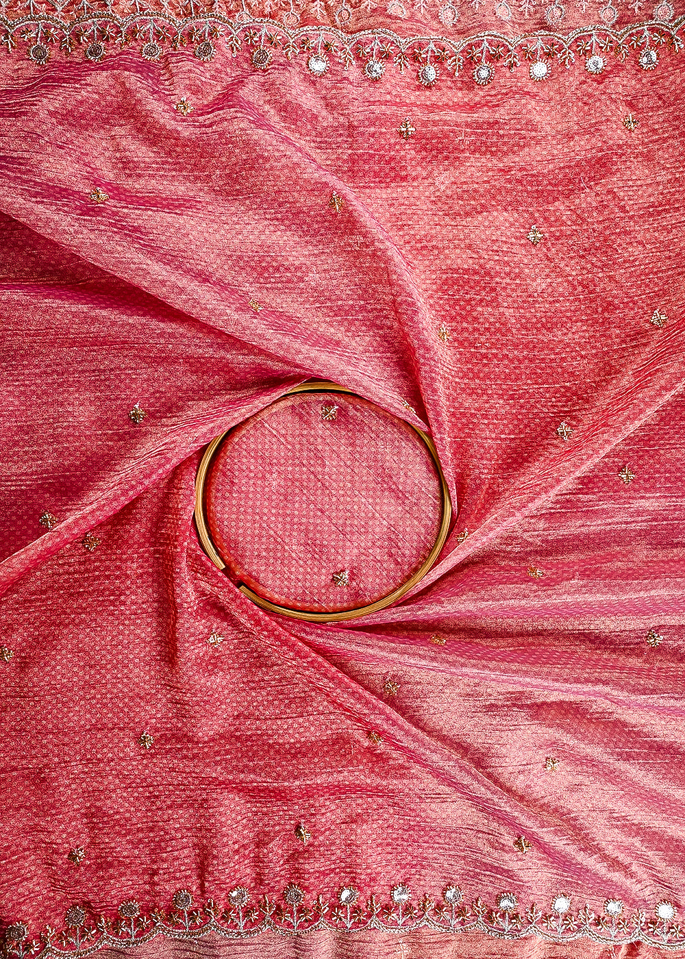 Pink Crushed Tissue Dupatta Fabric With All Over Sequins And Katdana Work With Both Side Border 25662