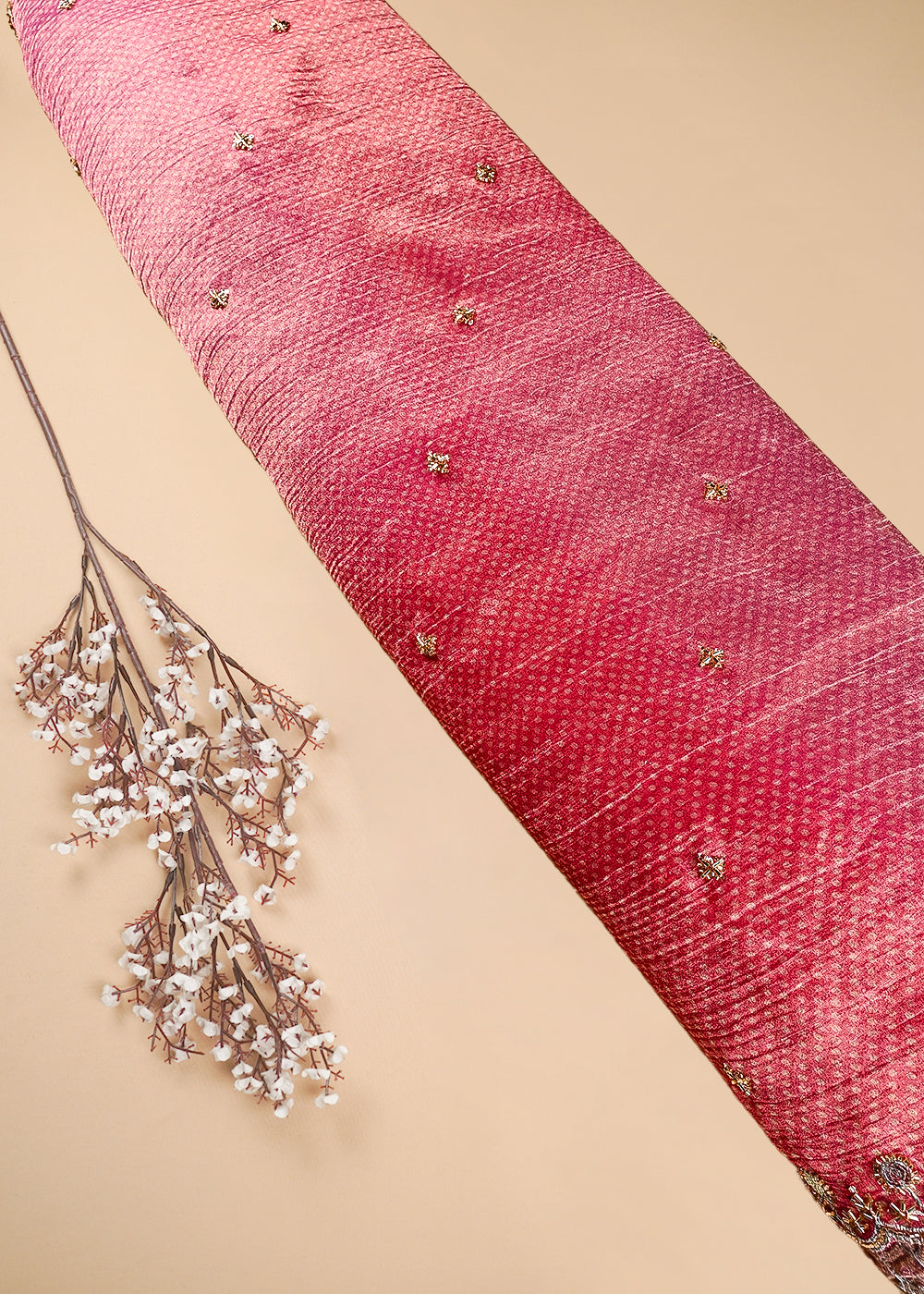 Pink Crushed Tissue Dupatta Fabric With All Over Sequins And Katdana Work With Both Side Border 25662
