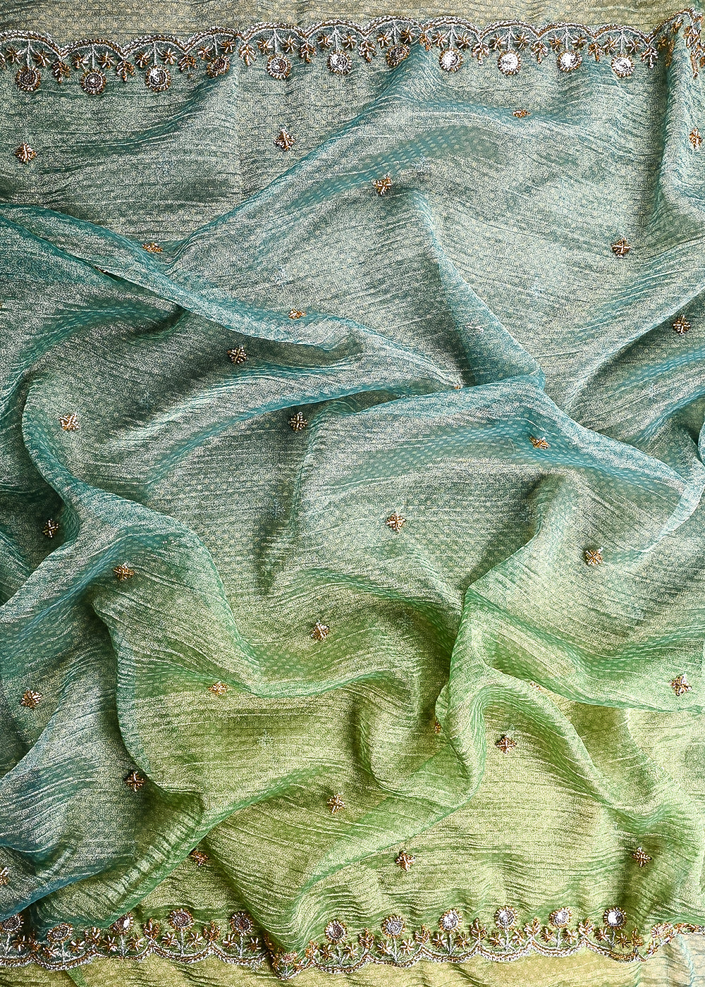 Blue Crushed Tissue Dupatta Fabric With All Over Sequins And Katdana Work With Both Side Border 25663