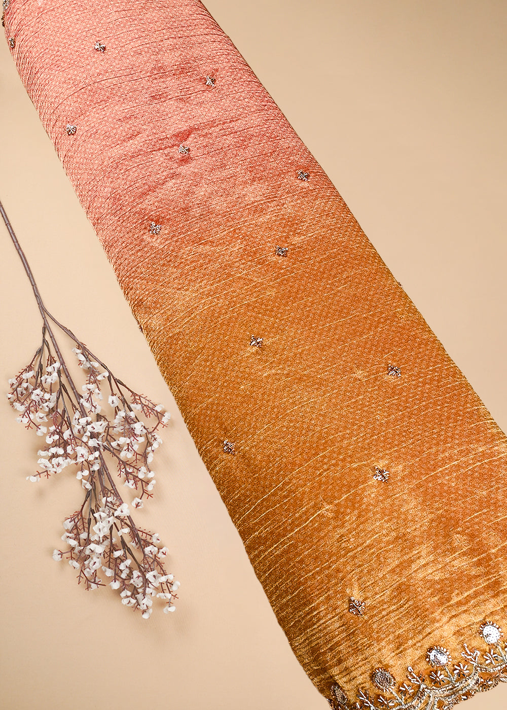 Mustard Crushed Tissue Dupatta Fabric With All Over Sequins And Katdana Work With Both Side Border 25664