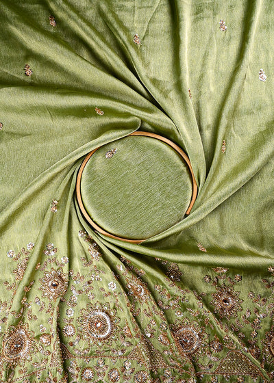 Green Tissue Fabric With All Over Zari, Sequins, Katdana And Stone Work With One Side Border 25668