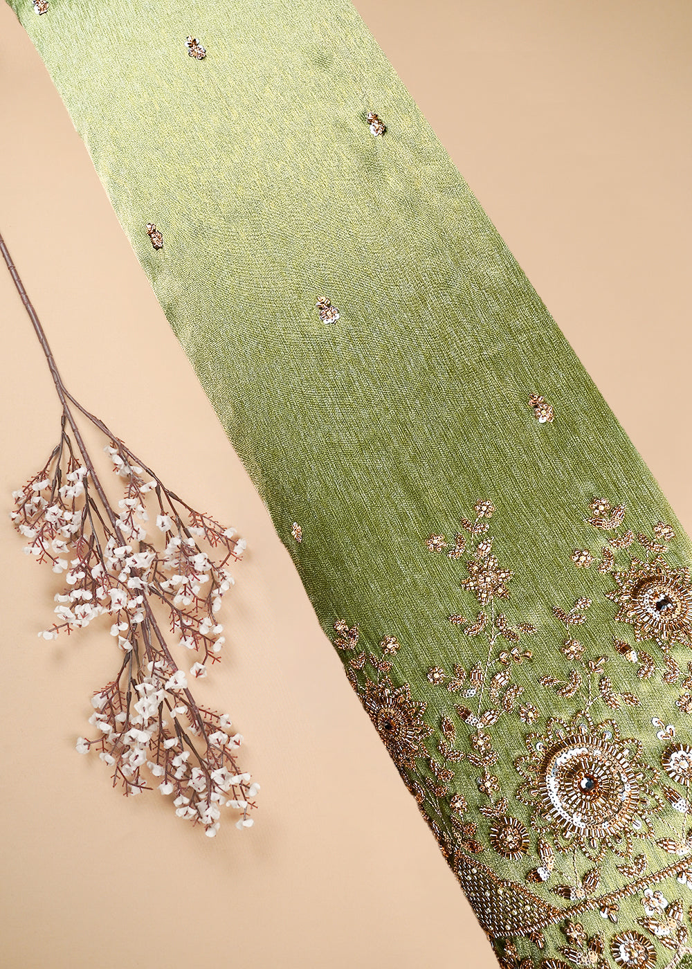 Green Tissue Fabric With All Over Zari, Sequins, Katdana And Stone Work With One Side Border 25668