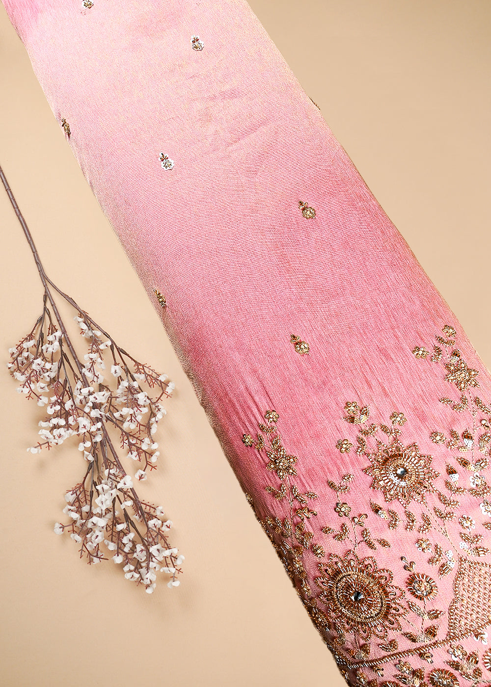 Pink Tissue Fabric With All Over Zari, Sequins, Katdana And Stone Work With One Side Border 25670