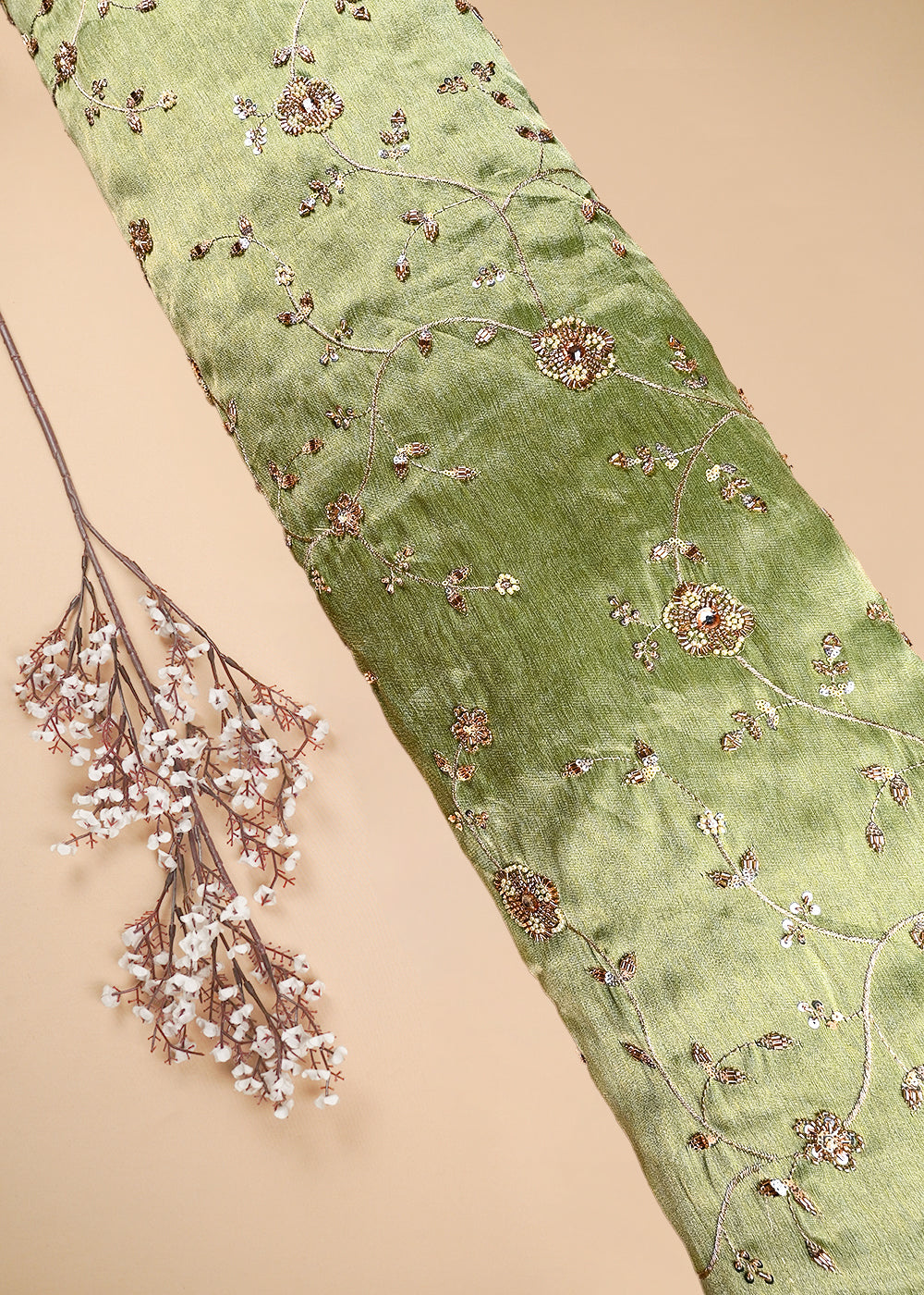 Green Tissue Fabric With All Over Zari, Sequins, Katdana And Stone Work 25671