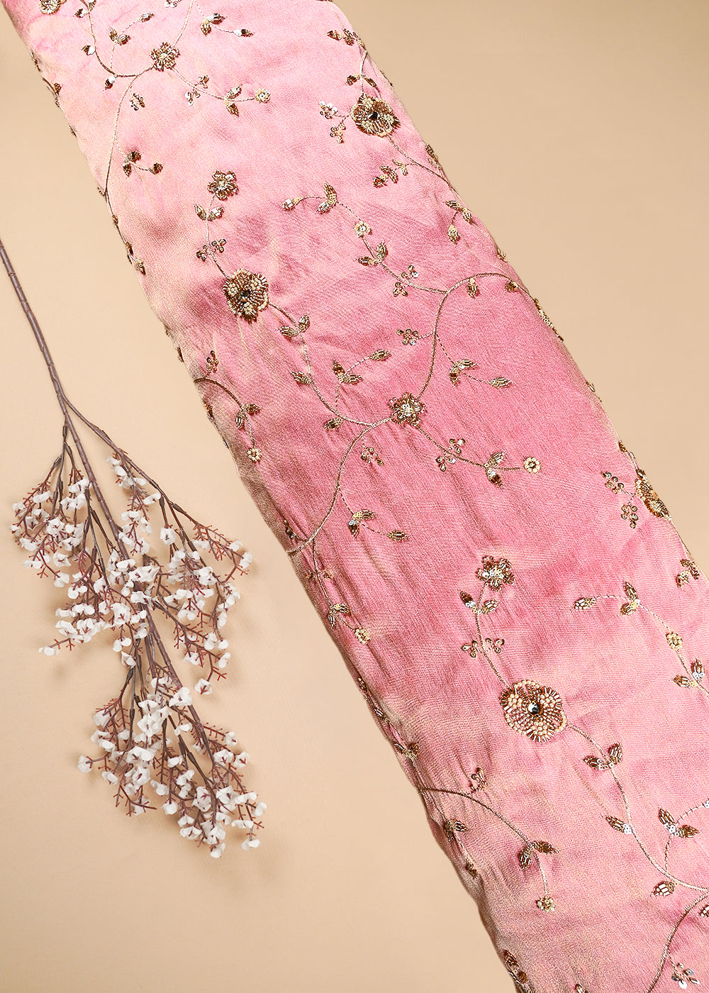 Pink Tissue Fabric With All Over Zari, Sequins, Katdana And Stone Work 25672